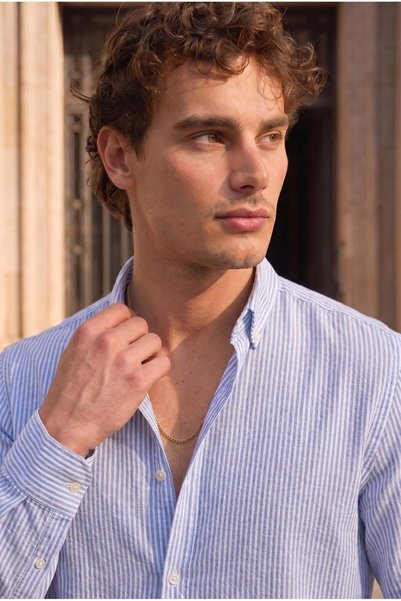 Valiberta Vertical Striped Flared Cotton Shirt - Blue
