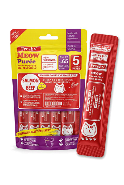 Freshy Meow Gourmet Somon Balıklı ve Dana Etli Krema Formunda Kedi Ödülü 60 g...