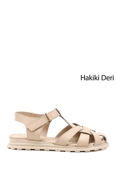 GÖNDERİ(R) Γυναικεία σανδάλια μπεζ Antique Gön γνήσιο δέρμα με επίπεδη σόλα 4...