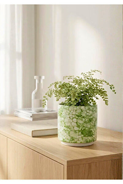 HOMİNG Elora Dekoratif Yeşil Desen Renkli Seramik Saksı 13 cm