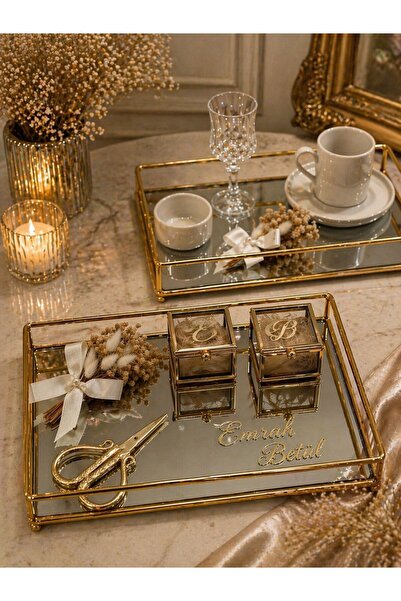 Nura Collection Gold Dikdörtgen Camlı Söz Nişan Tepsi Seti , Gold Damat Kahve...
