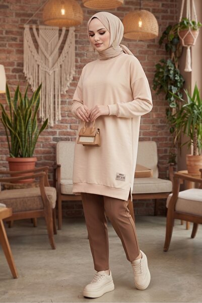 Bestenur Τουνίκ με οικόσιαστο σχέδιο και λεπτομέρεια με σχισμή 1665 - Μπεζ