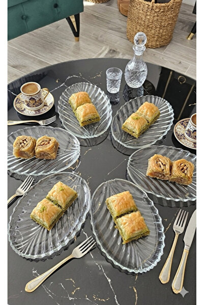 DİBA AVM 6 lı oval sunum kahvaltı pasta tatlı servis sunum tabağı yaprak desen 20 cm