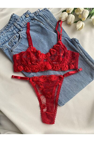 Gold Night Women's Red Lace Transparent Bra Set Fancy Lingerie