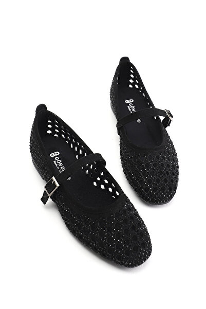 GÖNDERİ(R) Γυναικείο Μαύρο Σουέτ Πέτρα Mary Jane Μπαλαρίνα