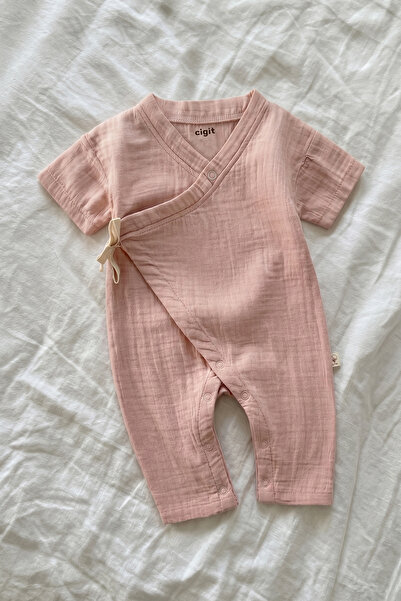 Cigit Βιολογική ολόσωμη φόρμα μουσελίνας διπλού στρώματος 0-9 μηνών σε ροζ απ...