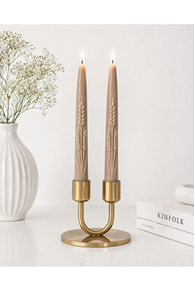 SCA CANDLE Dekoratif Mum şamdanlık mum buğday desenli kahvemsi renk 2 kili