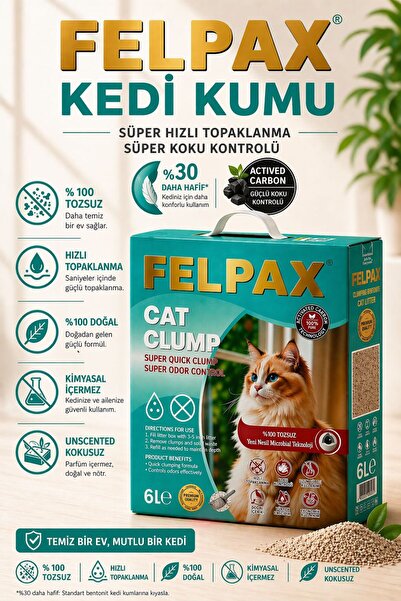 Felpax %100 Tozsuz Topaklanan Kedi Kumu 6 Litre