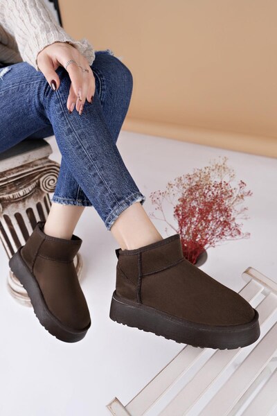 Nesil Shoes Ypr 8391 Brown Suede Water Repellent Women's Boots with Fur Inside