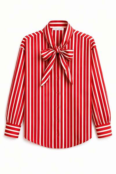 Mixray 4857 Дамска раирана риза с яка тип шал и връзки, червена