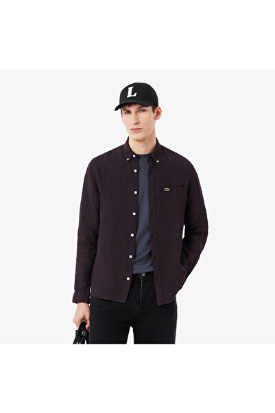 Lacoste Erkek Regular Fit Düğmeli Yaka Keten Koyu Kahverengi Gömlek