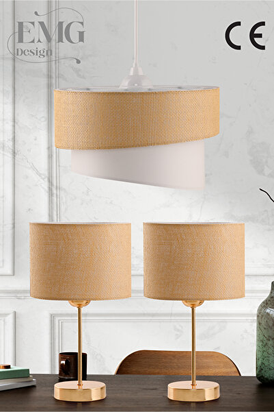 Emg DesiGn Kumaş Galaksi Modern Pasta Tekli ve 2 Li Gold Abajur Seti GalaxiSet
