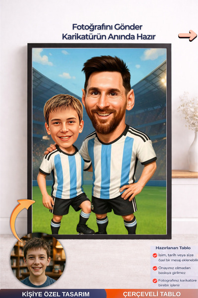 Bugucreative Kişiye Özel Messi Karikatürü Çerçeveli Tablo,Hediyelik Karikatür...