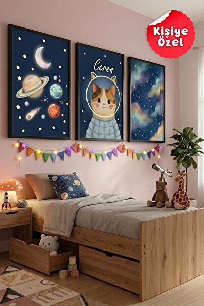 varje 3’lü Kişiye Özel Uzay Temalı Çocuk Odası Tablo Seti, Kedi Astronot & Ge...