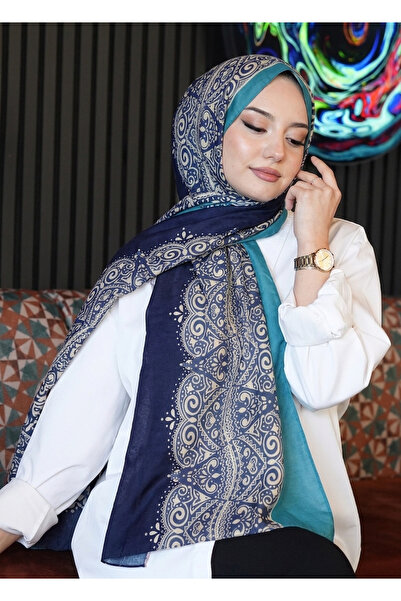 AFVENTE Μπλε βαμβακερό σάλι με λουλούδια