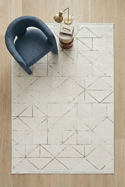 Nevada 2506 Cream Mink Geometric Patterned Carpet Machine Woven Soft Home Room Living Room Rug