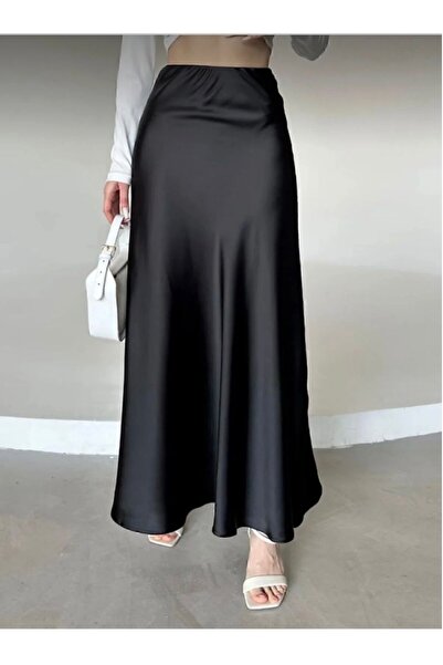 MODAM HİFA Women's Stylish Shiny Satin Skirt Elastic Flared Maxi Skirt
