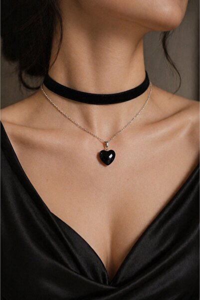 Aurevyn Design Oniks Taşı Doğal Taş Kalp Figürlü Kolye ve Siyah Choker Seti