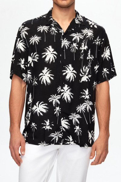 D'S Damat Μαύρο πουκάμισο βισκόζης - Χαλαρό σχέδιο παλάμης, κοντό μανίκι, καλ...