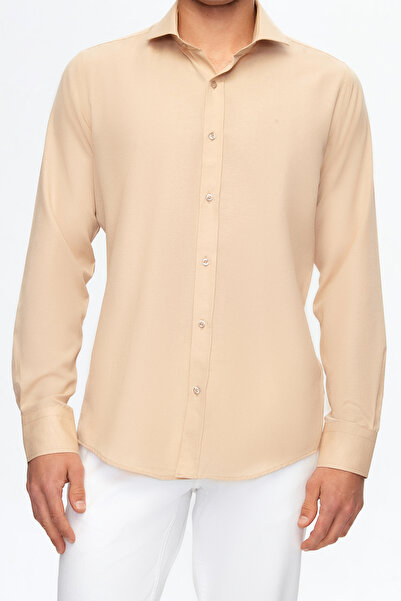 D'S Damat Ds Damat Slim Fit Beige Classic Tie Collar Μακρύ μανίκι Εύκολο σιδέ...
