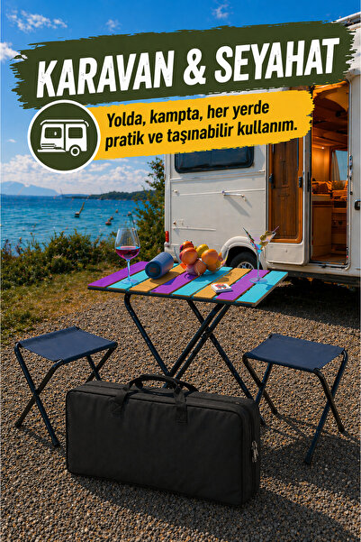 Bino Kamp Masası Seti 2 Tabureli Taşıma Çantalı Katlanır Piknik Masa Balıkçı Tipi
