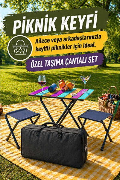 Bino Kamp Masası Seti 2 Tabureli Taşıma Çantalı Katlanır Piknik Masa Balıkçı Tipi