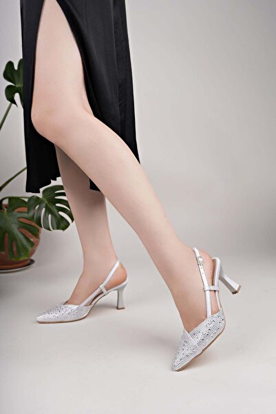 Nesil Shoes Γυναικεία σανδάλια με τακούνι Uraz 720 Silver Stone