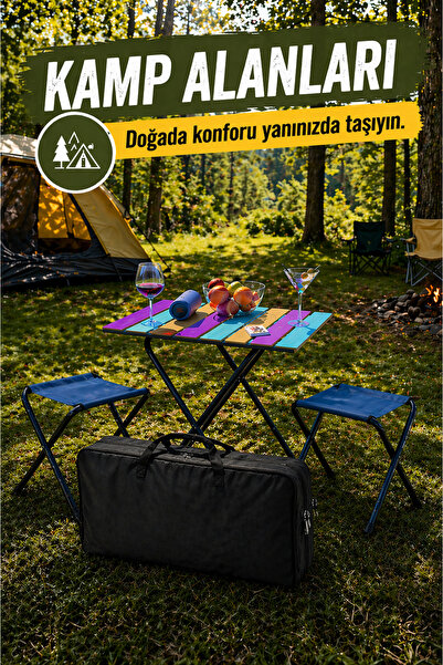 Bino Kamp Masası Seti 2 Tabureli Taşıma Çantalı Katlanır Piknik Masa Balıkçı Tipi