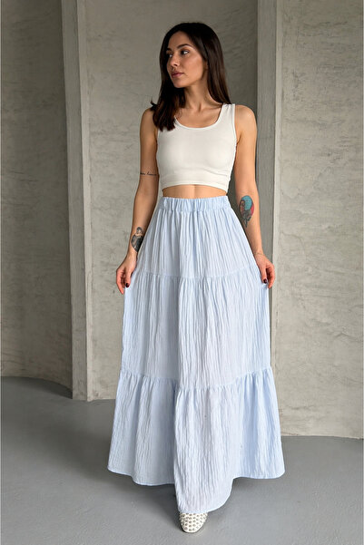 İLKCET MODA Μακριά φούστα από ύφασμα μουσελίνας σε μπλε βρεφικό χρώμα με σούρες