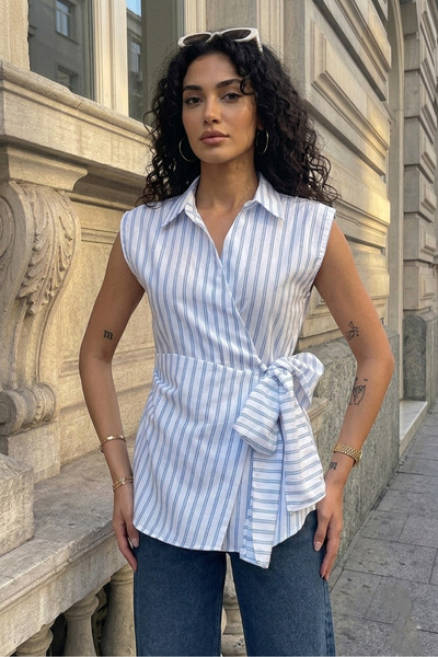 Safgiyim44 White Striped Poplin Sleeveless Women's Blouse - Blue