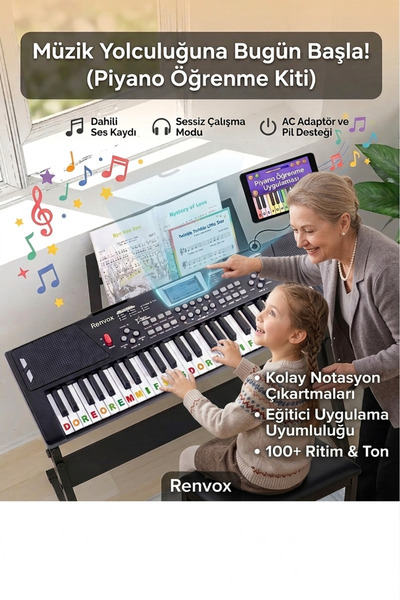 Renvox Mikrofonlu Işıklı 61 Tuşlu Elektronik Piyano Ritimli Kullanışlı Keyboard