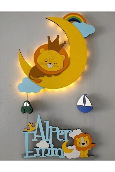 Atölye Selçukum Işıklı Ahşap Bebek Odası Kapı Süsü - Aslan