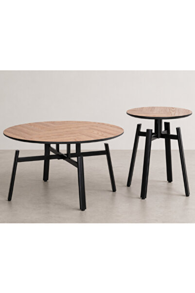 OEM Σετ 2 στρογγυλών τραπεζιών σαλονιού από MDF με μεταλλική βάση, 80x80x45 ε...