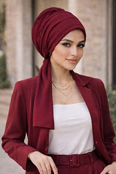 Aişe tesettür Σκούρο μπορντό τσαλακωμένο καπό κασκόλ