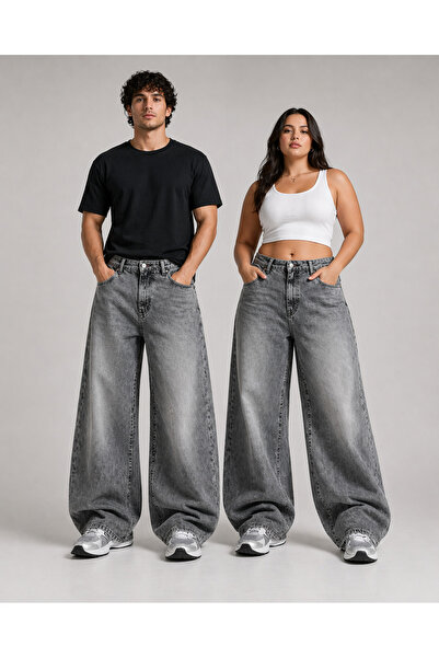 St.Poll Παλαιωμένο γκρι πλυμένο unisex φαρδύ τζιν παντελόνι μεγάλου μεγέθους