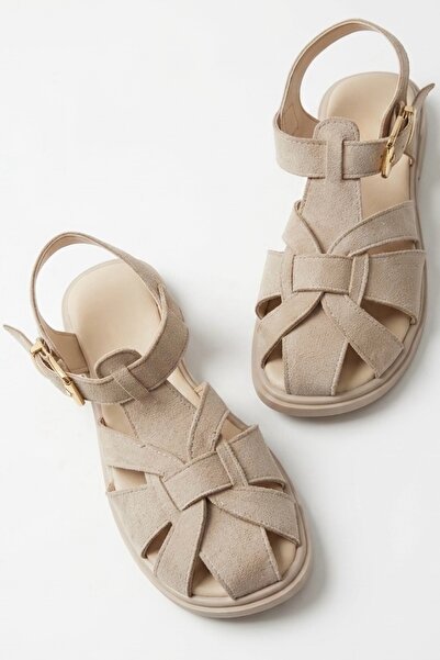 simplicity Γυναικεία Μπεζ Σουέντ Σανδάλια με Καφασωτό Σχέδιο