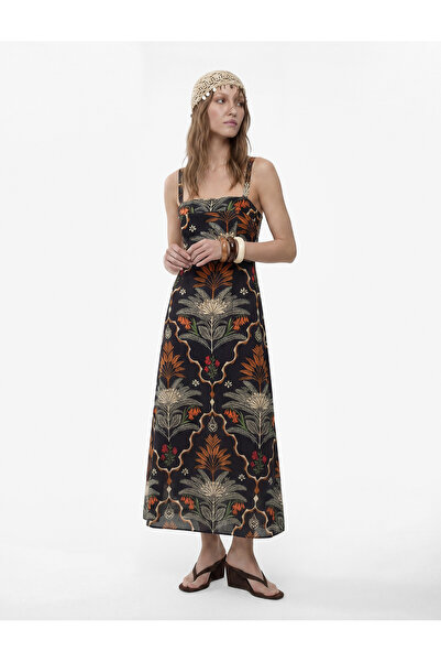 Koton Μακρύ φόρεμα από λινό μείγμα με φλοράλ έθνικ σχέδια και λεπτές χιαστί τ...