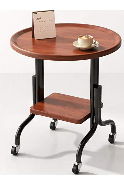 OEM Στρογγυλό βοηθητικό τραπεζάκι σαλονιού με ροδάκια, φινίρισμα καρυδιάς, Πο...