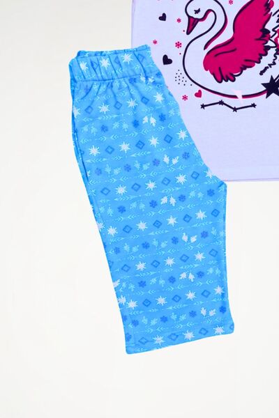 Newteam OEKO-TEX® %100 Pamuk Kız Çocuk Desenli Kısa Kollu Kapri Pantolonlu Pijama Takımı