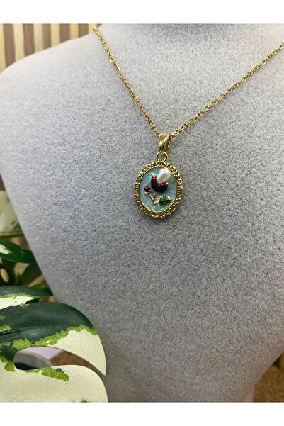eiboutiqueofficial Mavi Vintage Lale Tablo Kolye (Mineli Sanat 19)