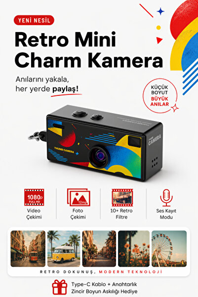 RoseandRoses Charm Anahtarlık Dijital Fotoğraf Makinesi Retro Filtreli Mini V...