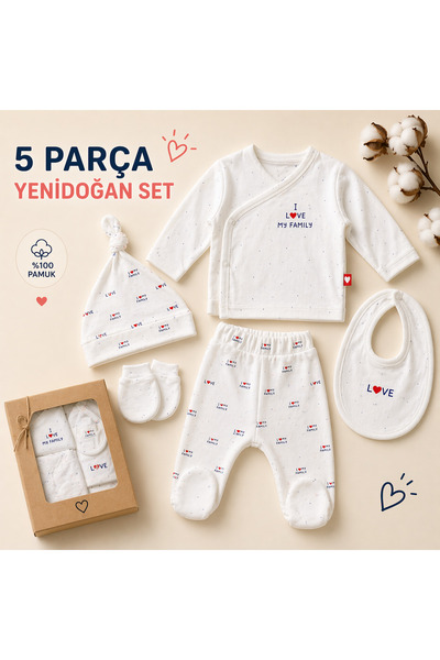 Mou&Kou 0-3 Ay Yenidoğan 5 Parça Hastane Çıkışı %100 Pamuk I Love My Family K...