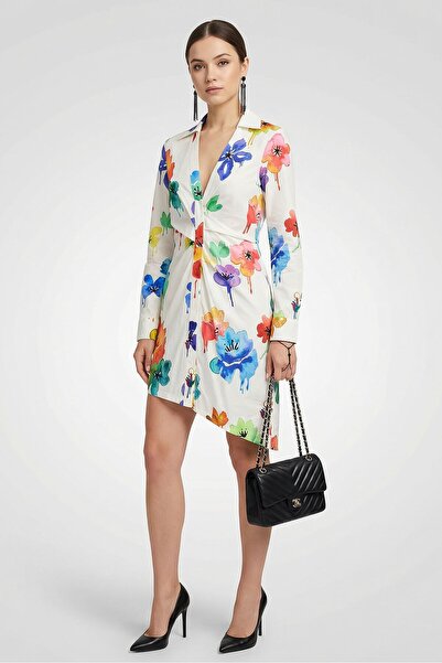 OFF WHITE Women Floral Pop Drape Shirt Dress, Multicolor