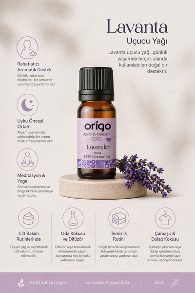 Origo Lavanta Uçucu Yağı %100 Saf Sertifikalı Seyreltilmemiş( Lavender Essential Oil ) 20 Ml
