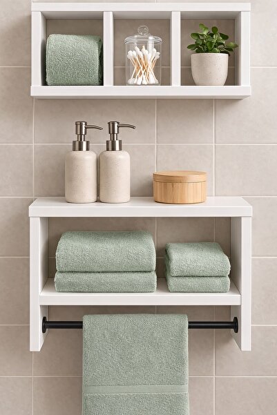 Gafhaus Modern Beyaz 2'li Banyo Rafı Seti - Havlu Askılı Duvara Monte Ahşap D...
