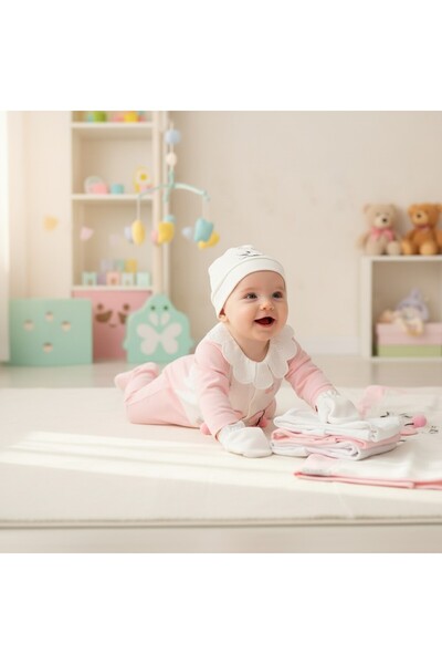 MİLAYS LİFE HOME COLLECTİON Baby Girl Organic 0-3 Months Pompon Cherry 10-Piece Hospital Release Zibin Set
