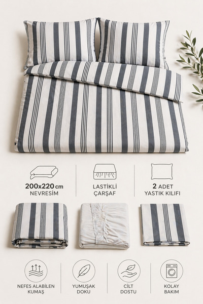 St Shopyteks Gray Striped Double Duvet Cover Set 200X220 with Elastic Sheets