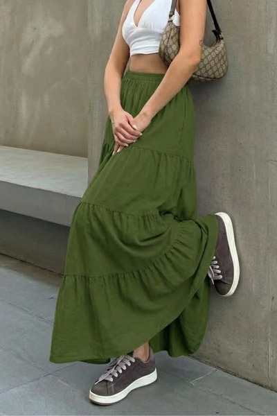 COMBİNE MİCHAİL Γυναικεία ελαστική πολυεπίπεδη χακί μακριά φούστα