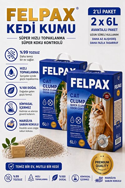 Premium Hızlı Topaklanan Kedi Kumu Marsilya Sabun Kokulu 6 Lt x 2 Adet
