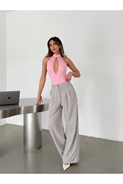 mydukkan.co Belted Lace Detailed Palazzo Trousers - Gray